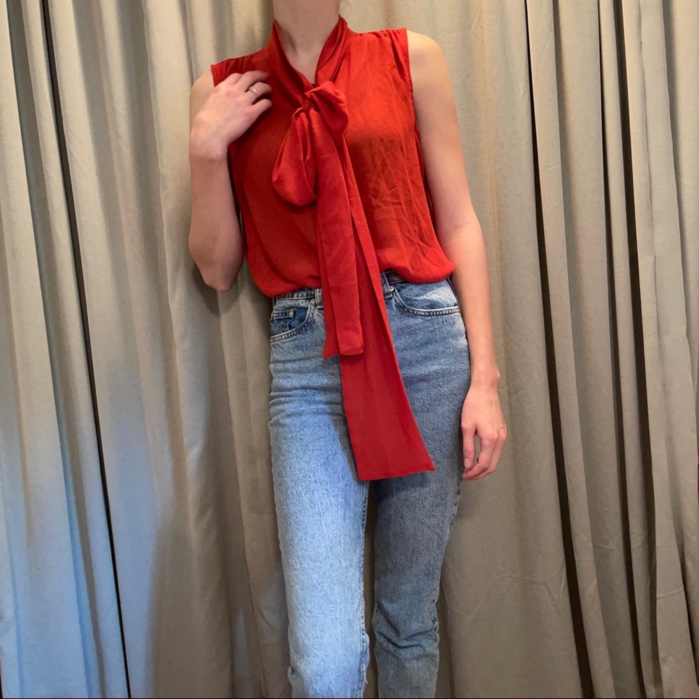 Sheer red tank top with tie neck
